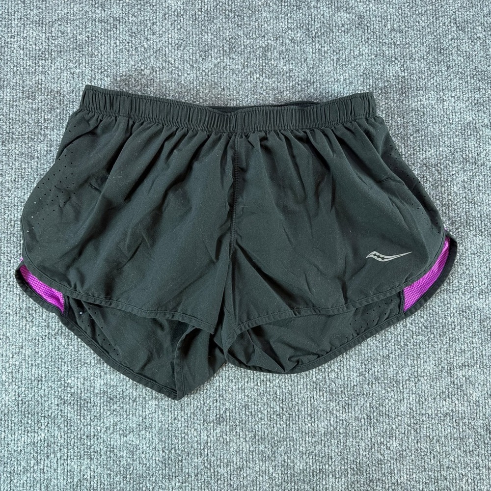 Saucony Womens Running Shorts Black Purple Mesh Zip Pocket Size S Gym Workout‎